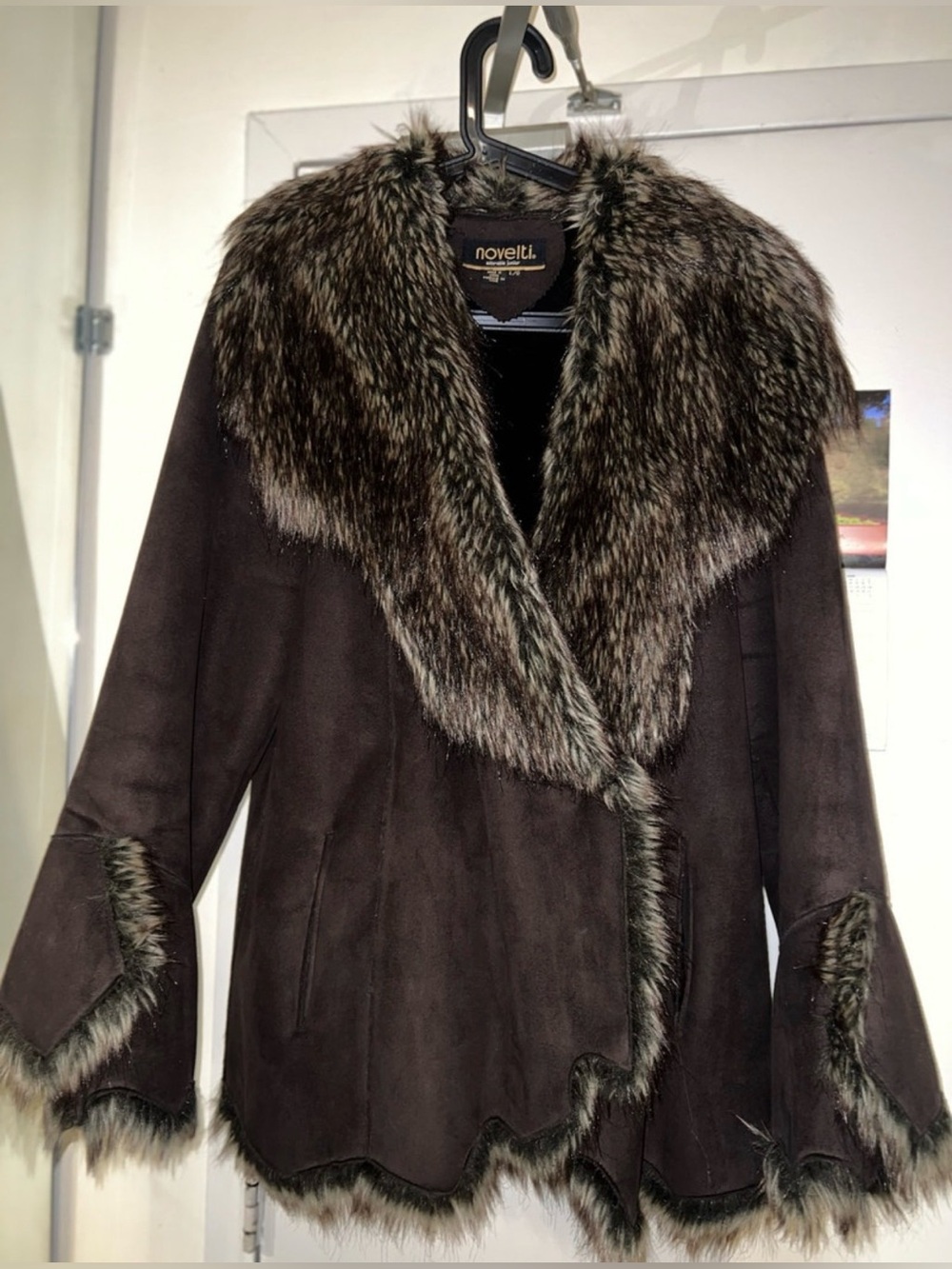 Novelti Women's Dark Brown Faux Fur Trim Coat